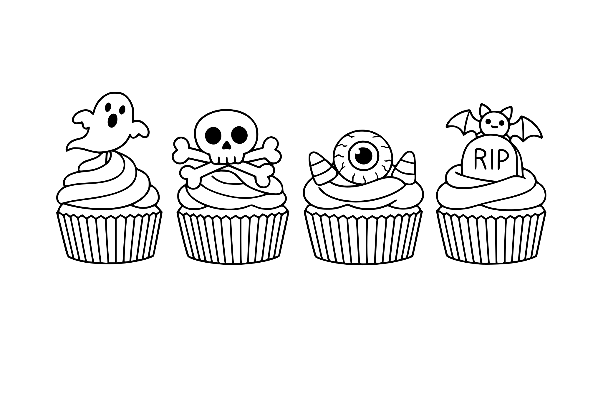 Cupcakes with spooky toppings. minimalist line.