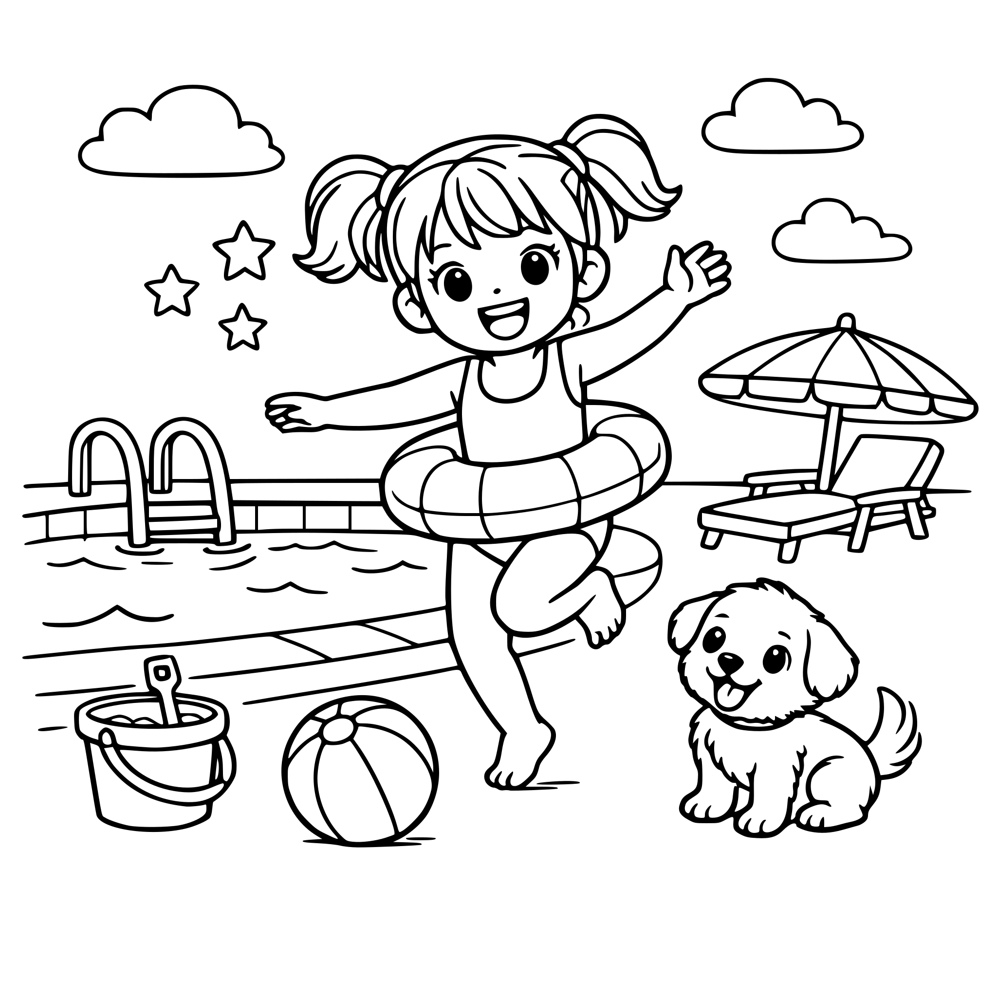 เด็กผู้หญิงน่ารัก กำลังเล่นสนุกสนามริมสระว่ายน้ำ และมีน้องสุนัขตัวน้อย วยืนมองอยู่อย่างสนุก