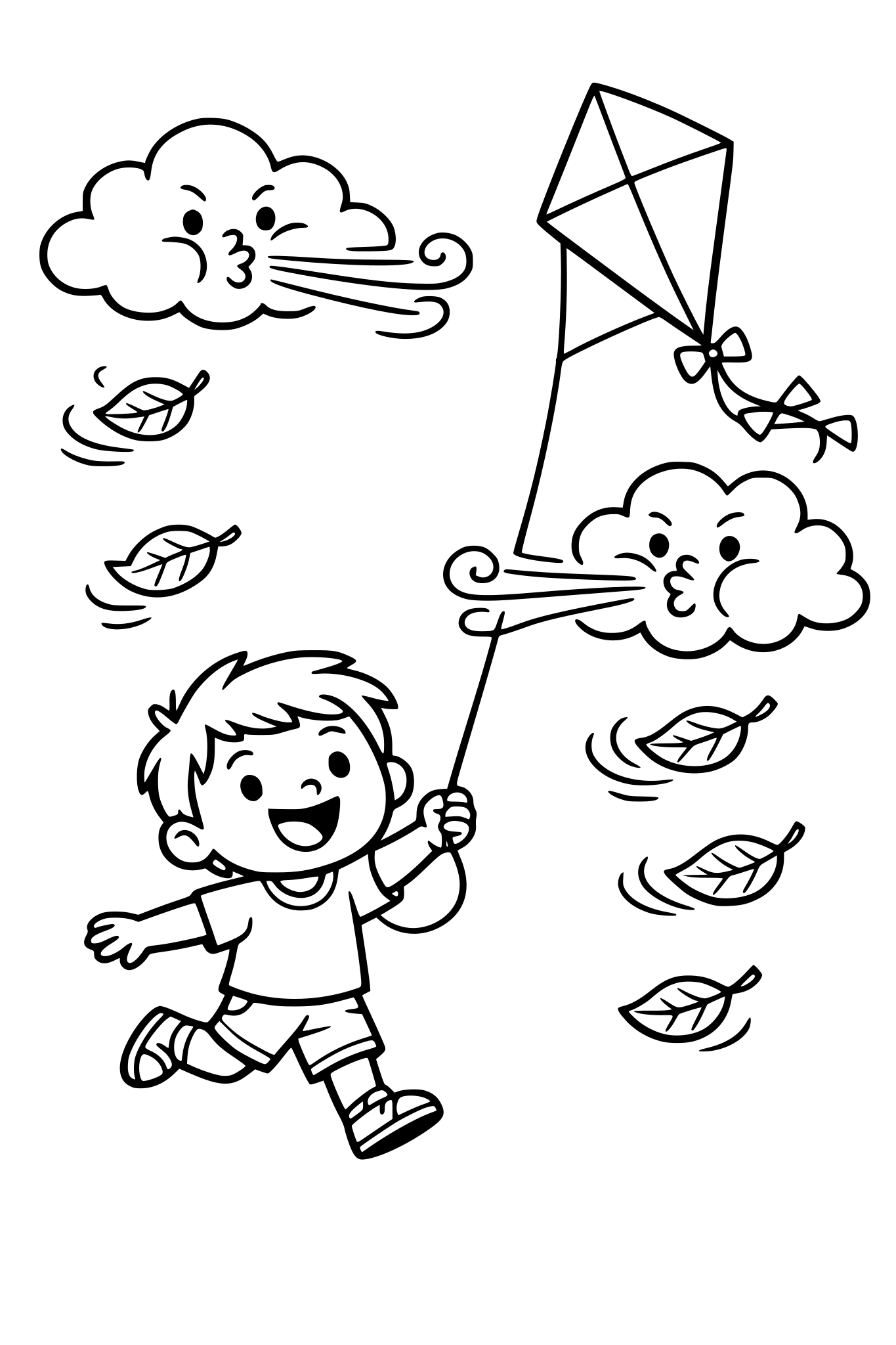 cute kids coloring page, happy child flying a kite in the wind, clouds blowing and leaves flying, simple shapes, thick outlines, easy kids coloring page, black and white coloring book illustration