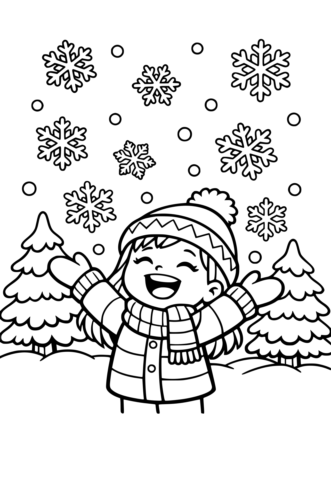 cute kids coloring page, full size happy girl catching big snowflakes falling from the sky, wearing winter hat and scarf, snowy trees behind her, simple shapes, thick outlines, black and white coloring book illustration