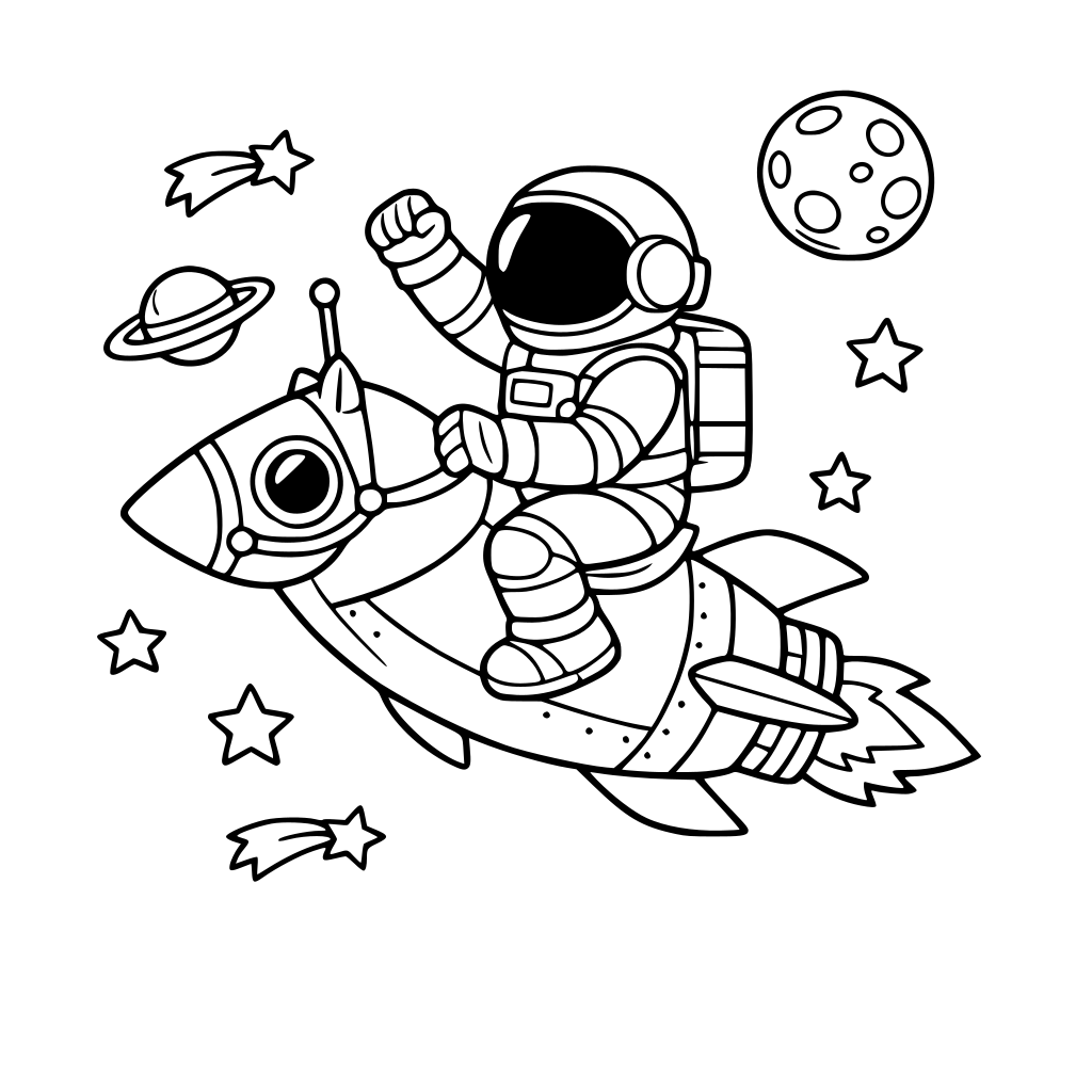 Un astronauta en cohete espacial, montado tipo caballo.