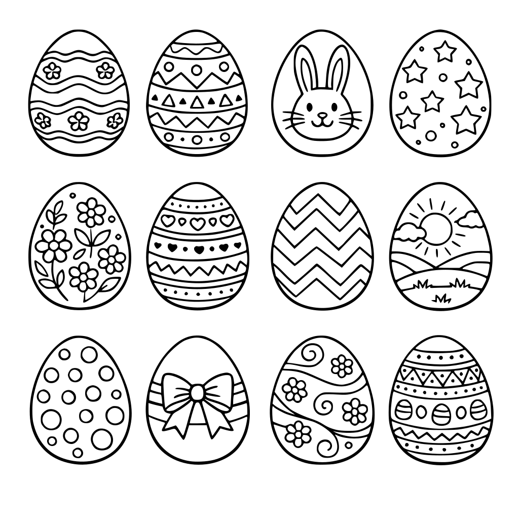 4x3 húsvéti színezhető húsvéti tojás. Mindegyik más más minta, egyenlő távolságban egymástól.