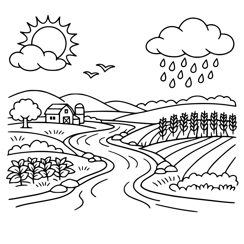 TÍTULO DO LIVRO O Ciclo da Água no Campo: Aprendendo a Cuidar Imagem: Paisagem do campo com sol, nuvens, chuva, rio e plantação.
