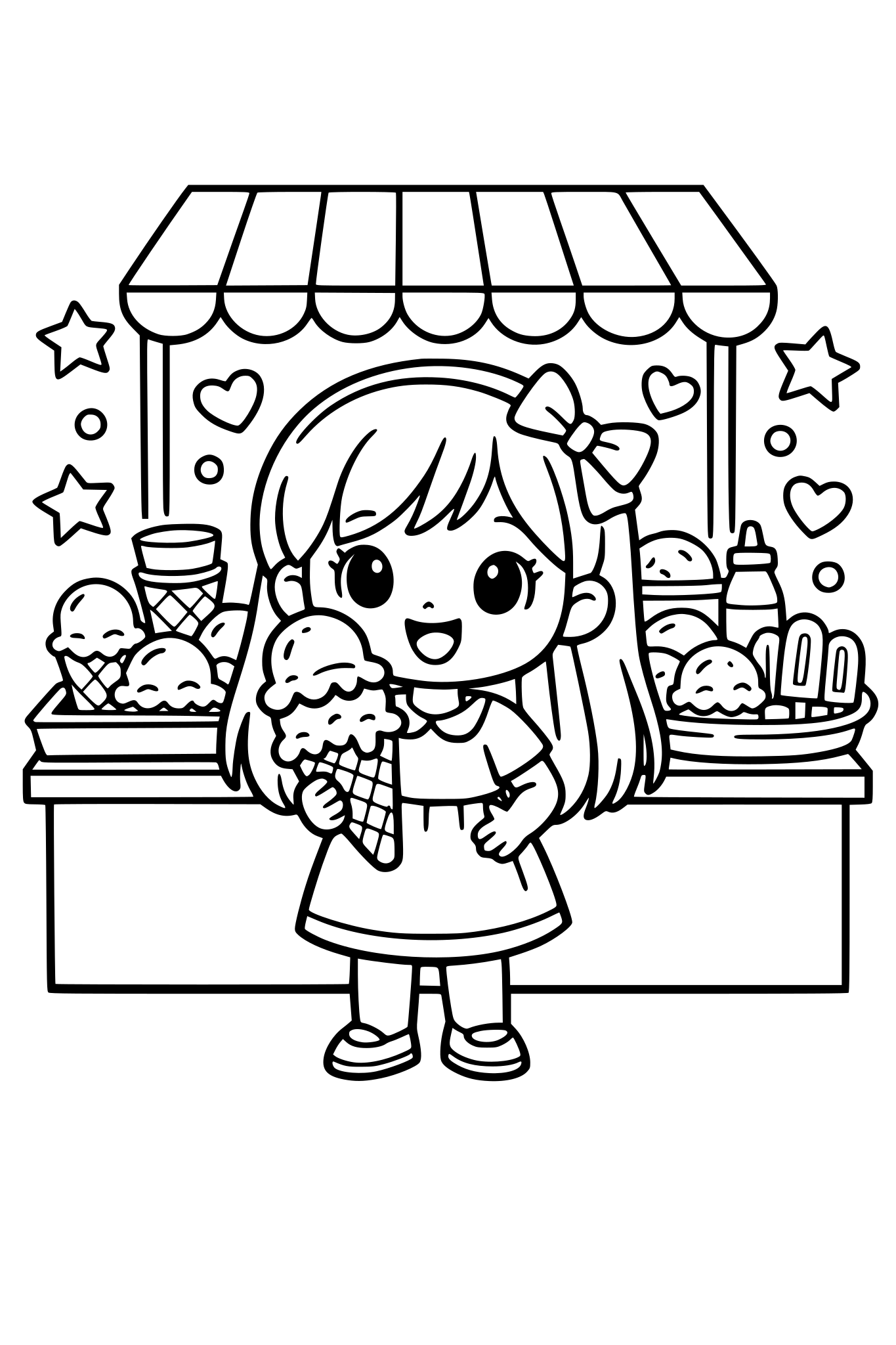 cute kids coloring page, cute girl standing at an ice cream stand holding a big ice cream cone, ice cream display with different scoops behind her, stars and hearts around, simple shapes, thick outlines, black and white line art