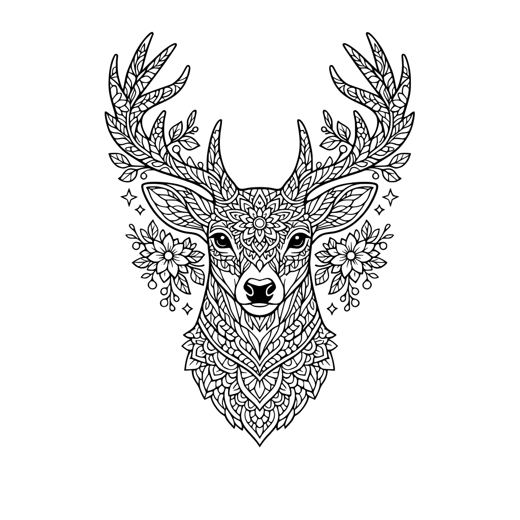 mandala deer with antlers, elegant patterns and lines, floral and leafy motifs