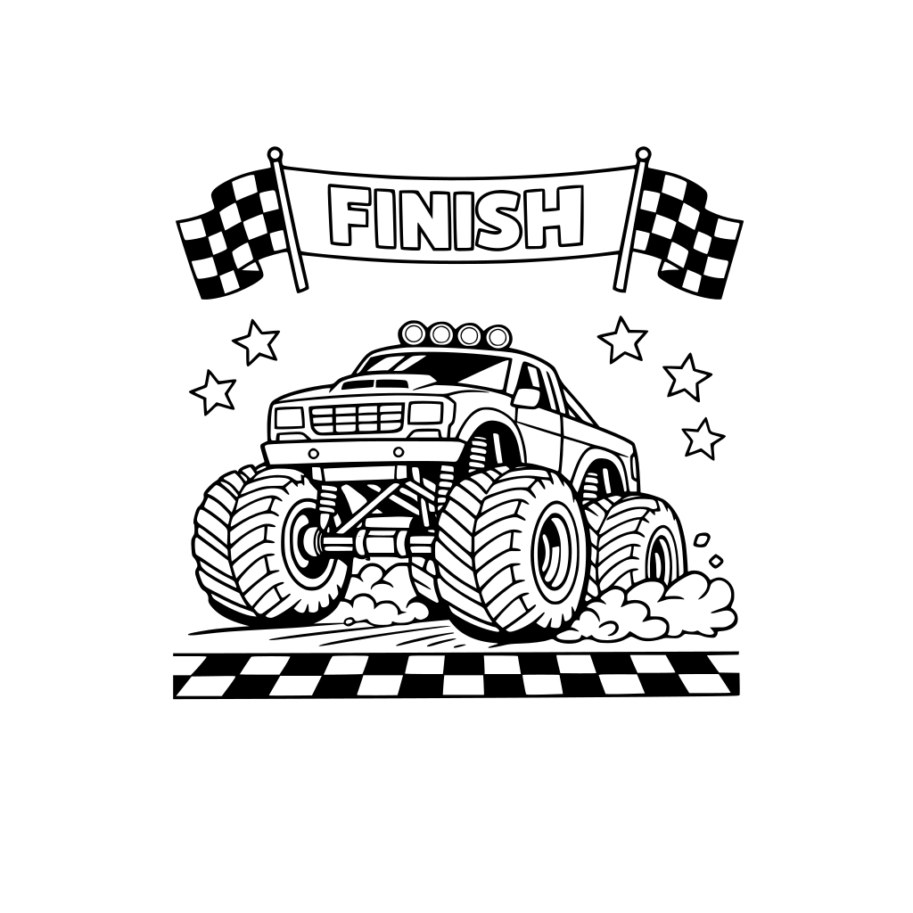 a monster truck racing to the finish line