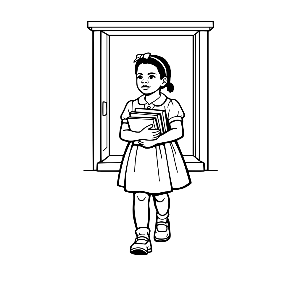 Ruby Bridges walking to school holding books, brave focused expression, simple school doorway outline.
