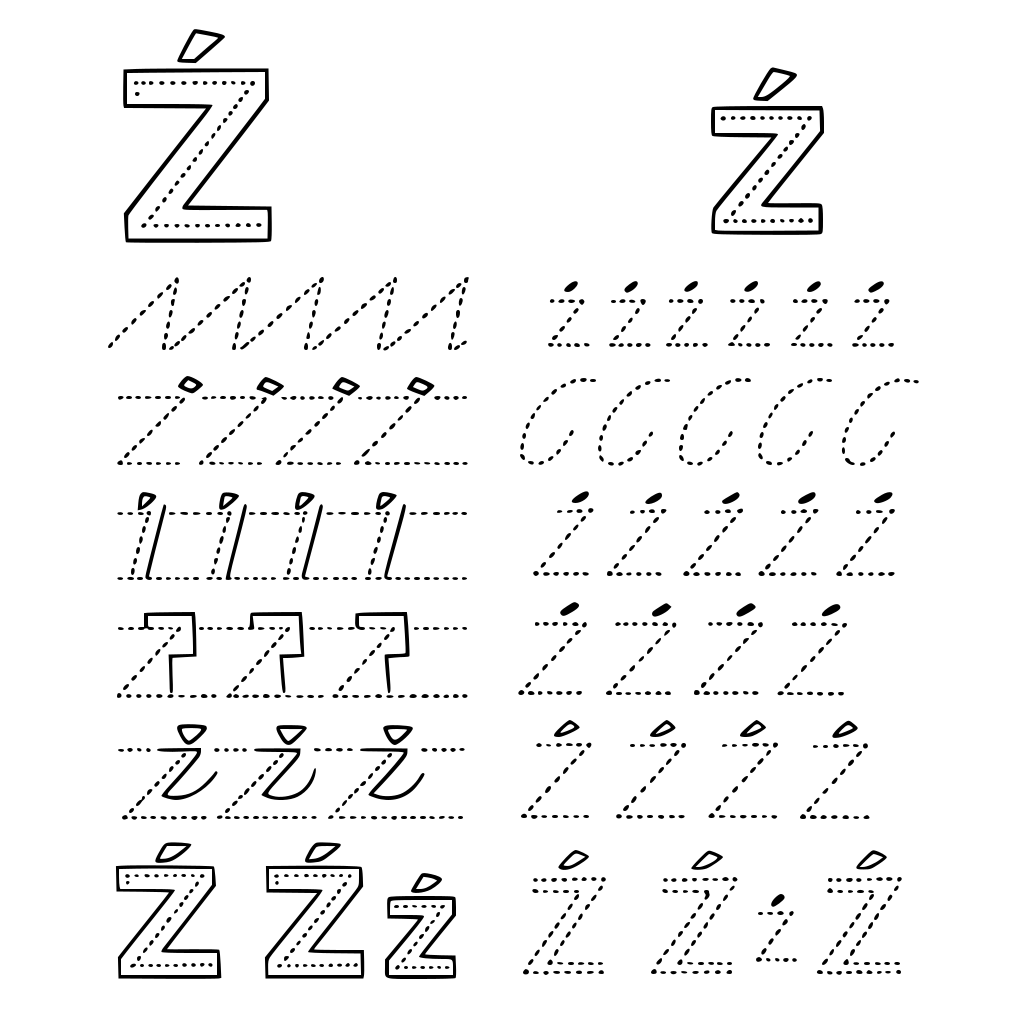 zrób całą listę ćwiczeń do litery Ź duże i ź małe różne ślaczki wykropkowane dzięki którym nauczymy pisać się literkę Ź i ź