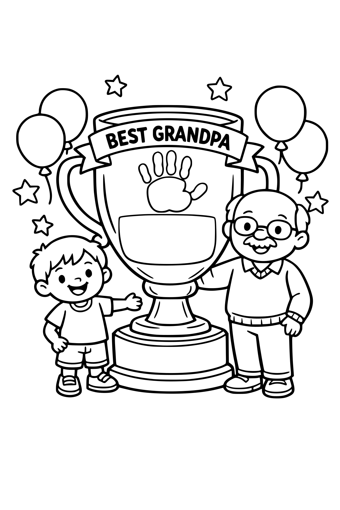 cute kids coloring page, happy child standing next to grandpa, big trophy labeled "Best Grandpa", large empty space on the trophy for a child handprint stamp, balloons and stars around, simple shapes, thick outlines, kids coloring page