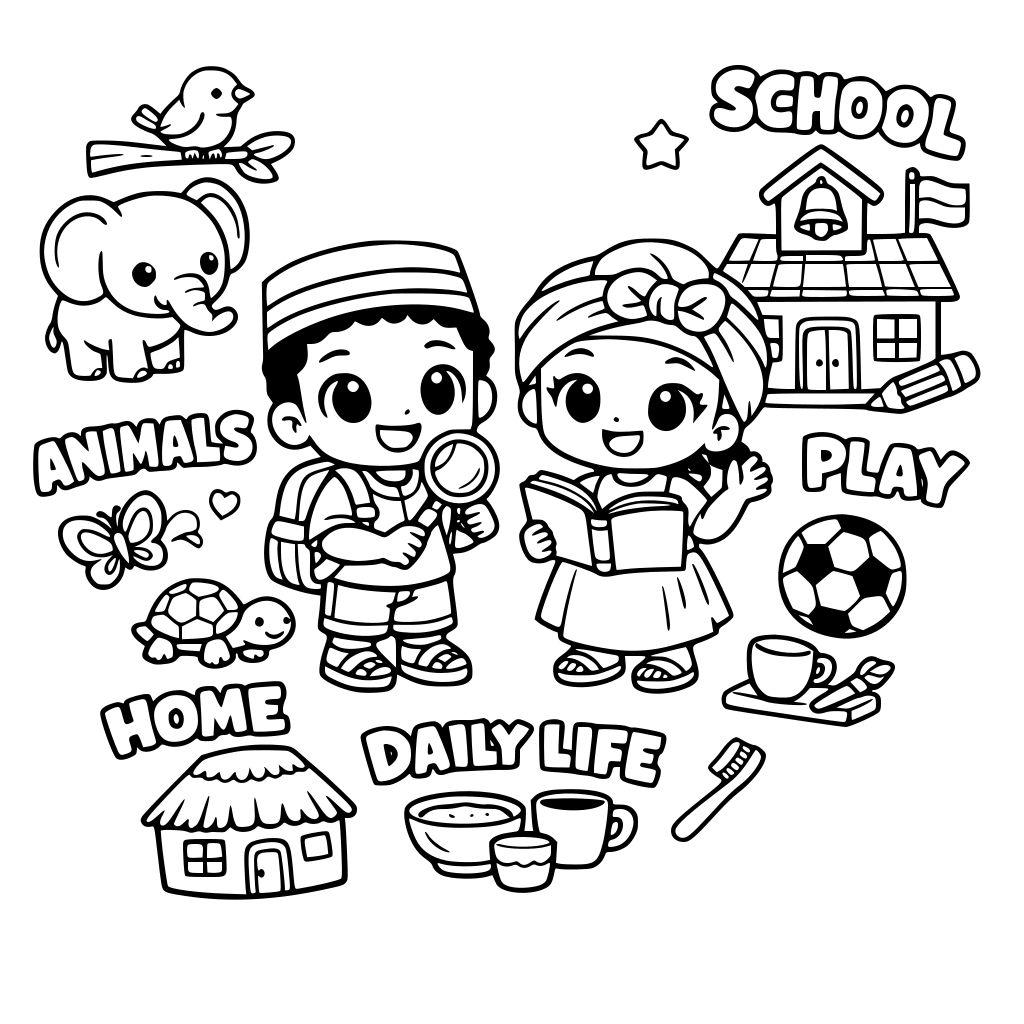 A Gambian theme boy and girl that go on adventures to learn about the world around them such as animals, school, home and daily life. Put some common basic words to colour in on some pages . The drawing must be kawaii and chibi style