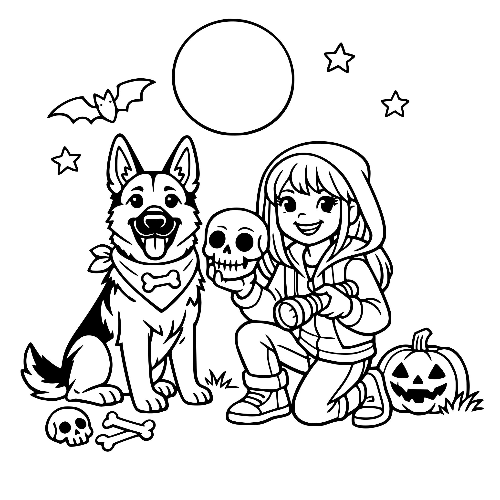 Bones, a brave German Shepherd, and his best friend Catherine, a blonde girl who loves skeletons, set off on a spooky backyard adventure, discovering courage, loyalty, and friendship under moonlight