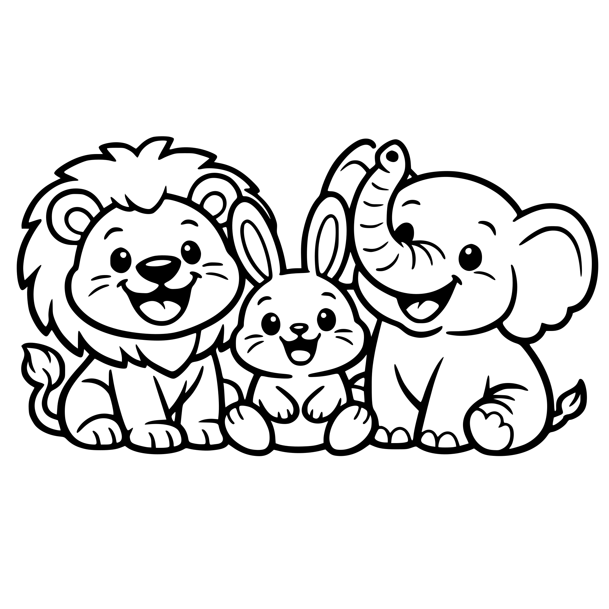 big smiling lion, cute bunny, happy elehant,