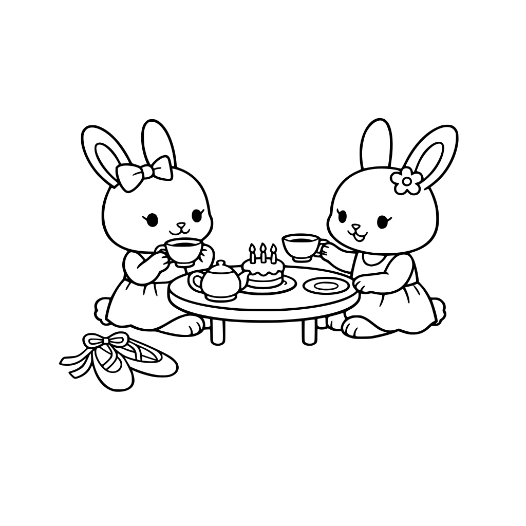 girl Bunnies tea party with teacup, plate, tiny cake with 3 candles, ballet slippers on the side, very simple objects