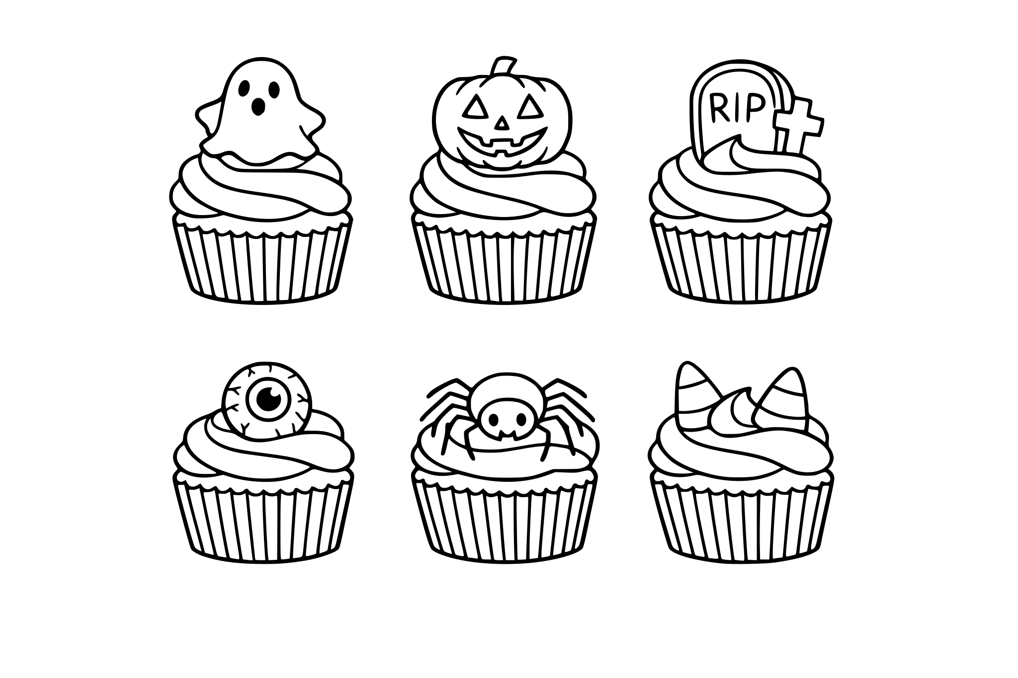 Cupcakes with different spooky toppings. minimalist line.
