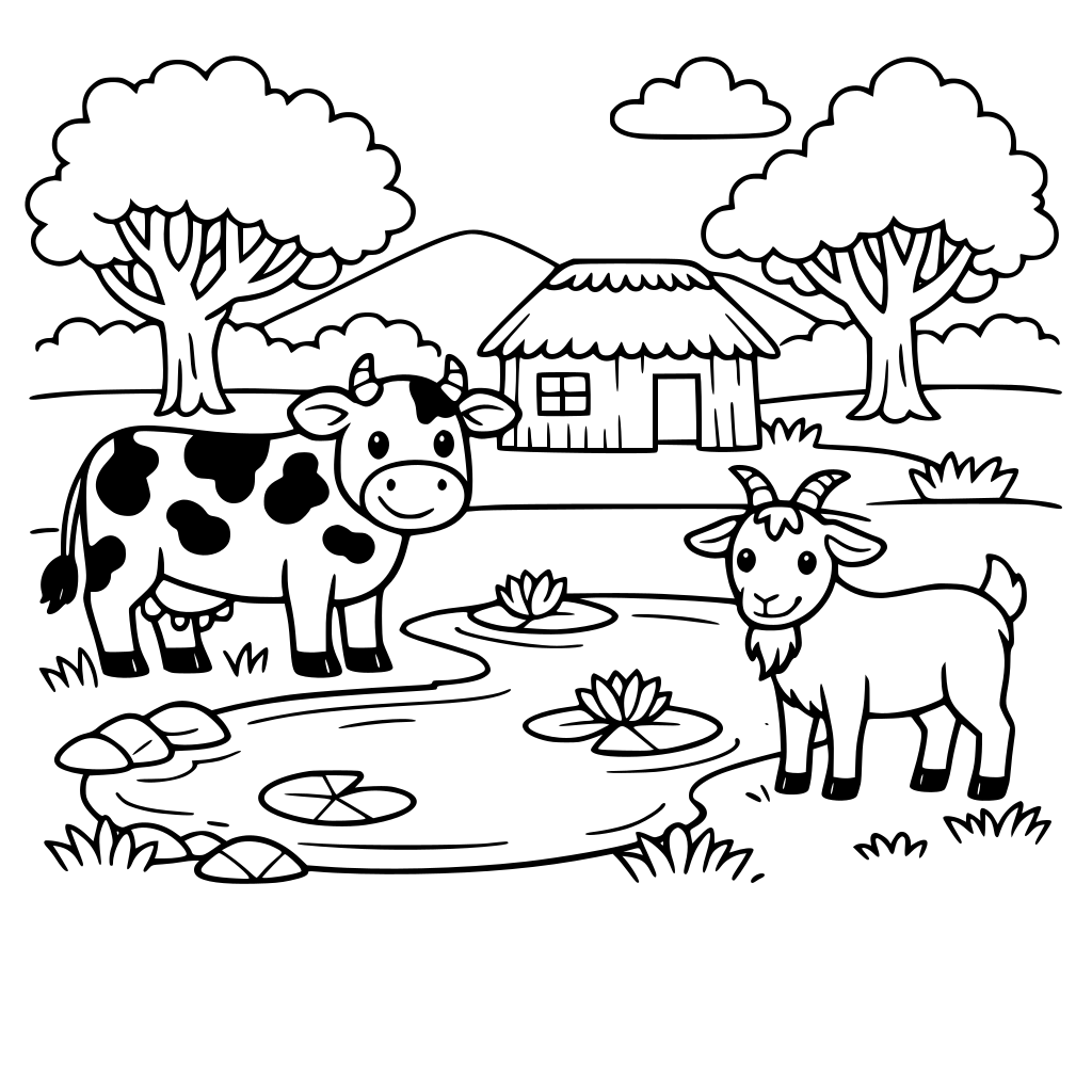 cow trees pond hut goat