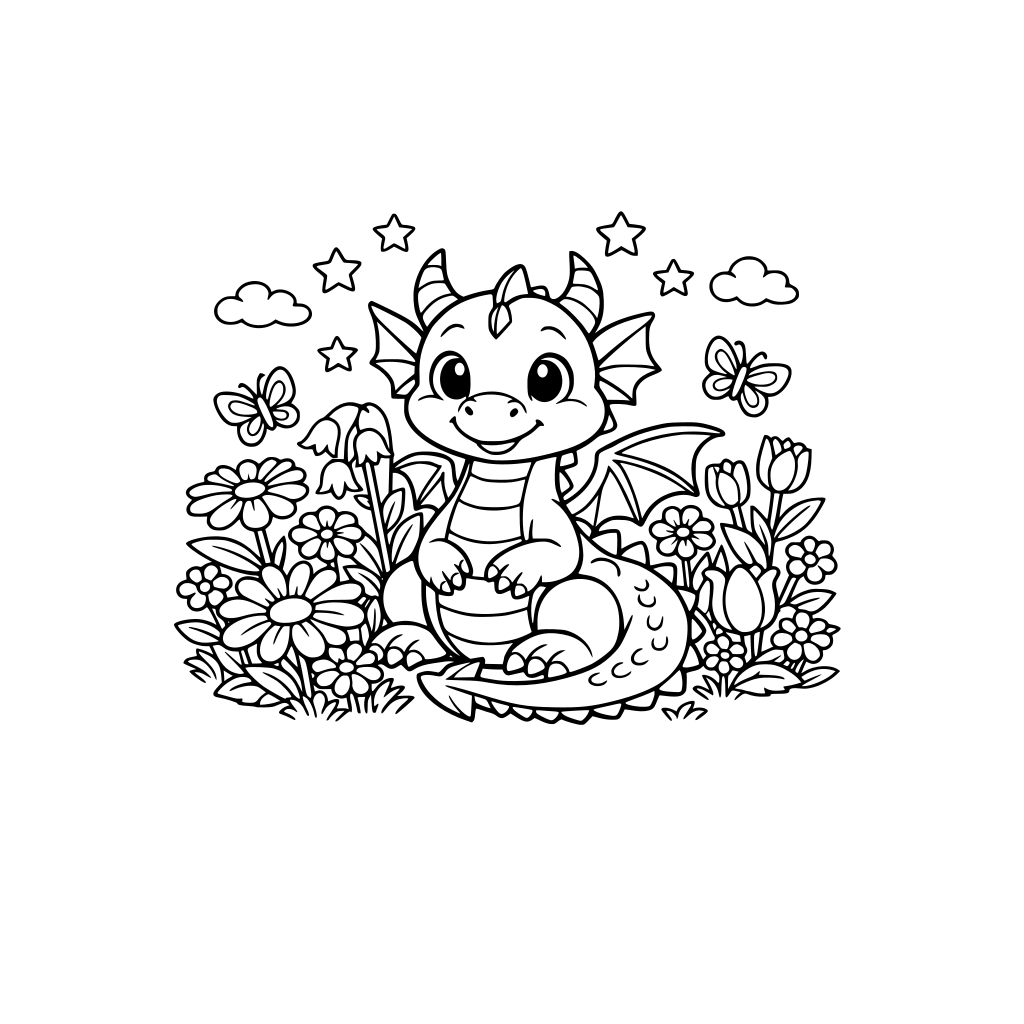 A friendly dragon in a flower garden