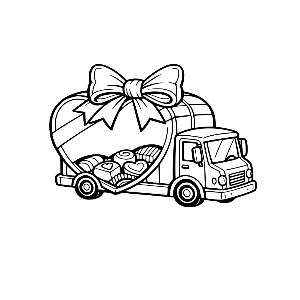 “Delivery truck shaped like a giant Valentine chocolate box, shiny bow on top, playful cartoon style.”