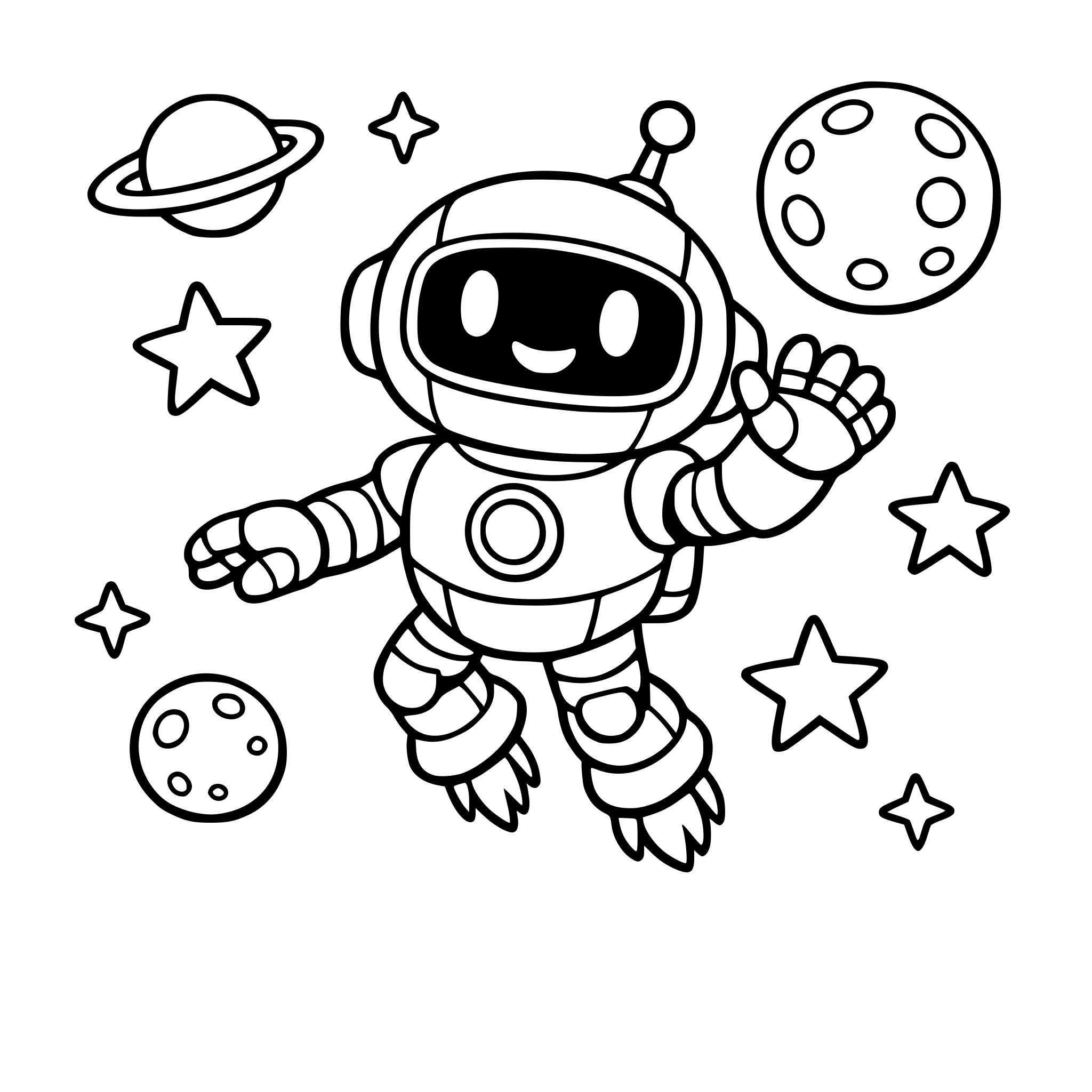 Friendly robot floating in space, waving, with stars and planets around, simple cartoon style, bold clean outlines, black and white coloring book illustration