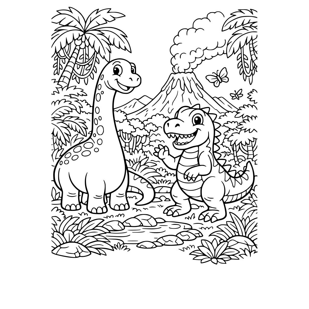 Portrait oriented coloring book page that is black and white with two friendly dinosaurs. The image is zoomed out enough to show their full bodies and tails. Background is a rainforest. Fill the whole page with great detail to the top and bottom borders.