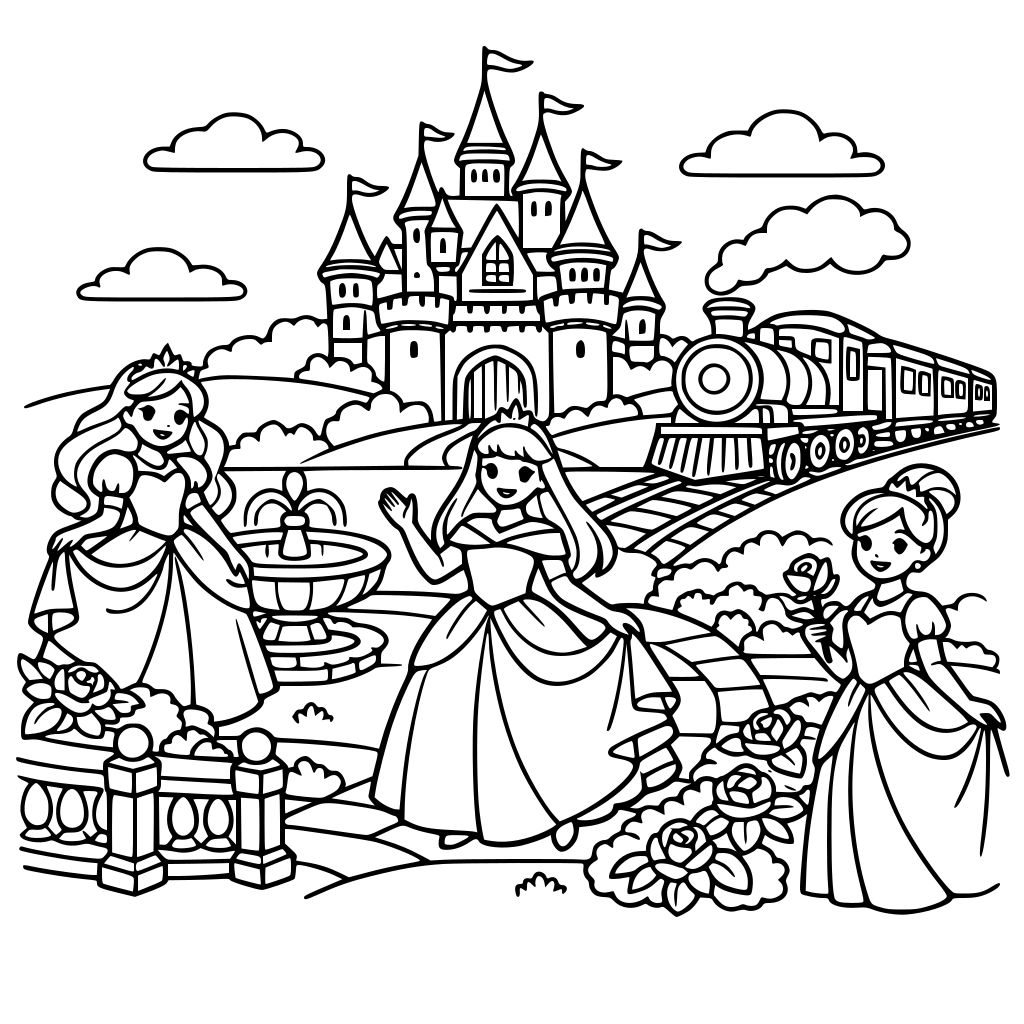 Mixture of princesses, castle landscapes, trains and extravagant gardens