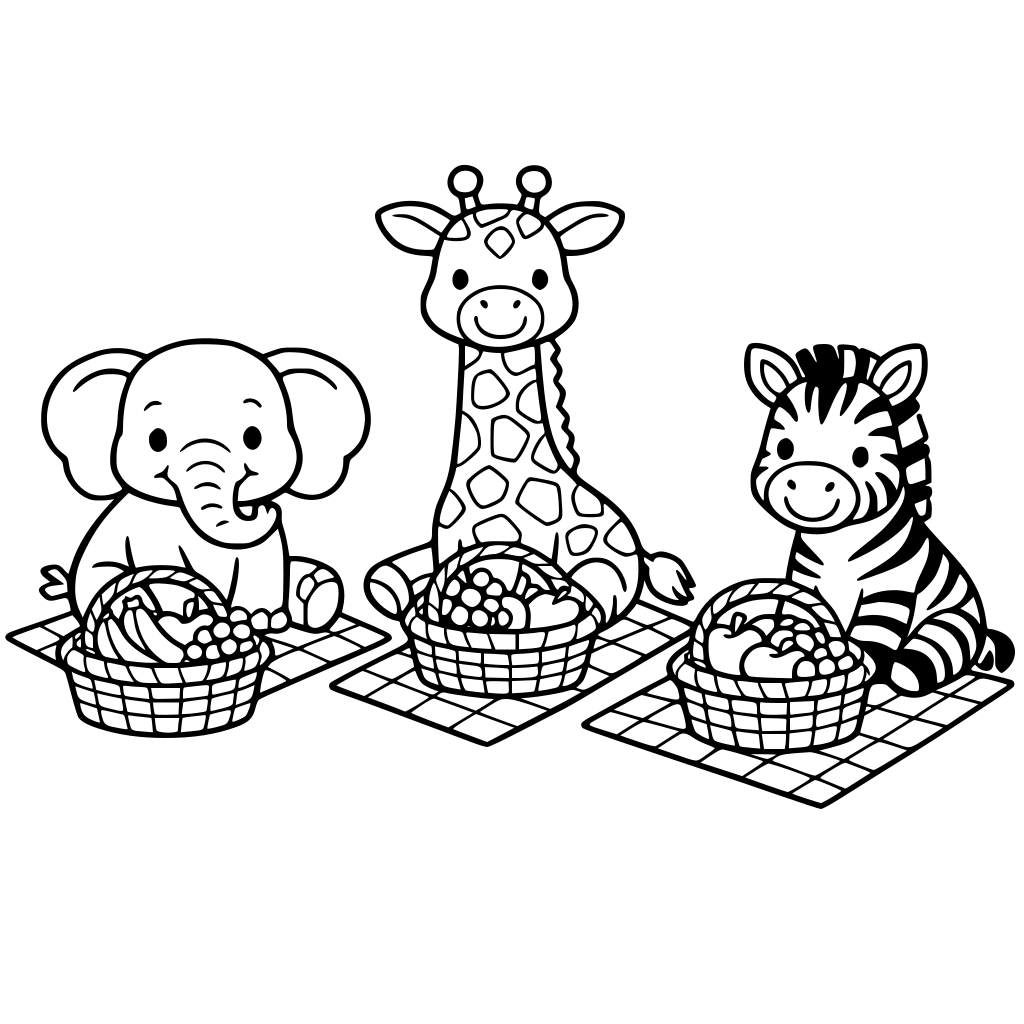zoo animals (elephant, giraffe, zebra) sitting on picnic blankets with baskets of fruit.