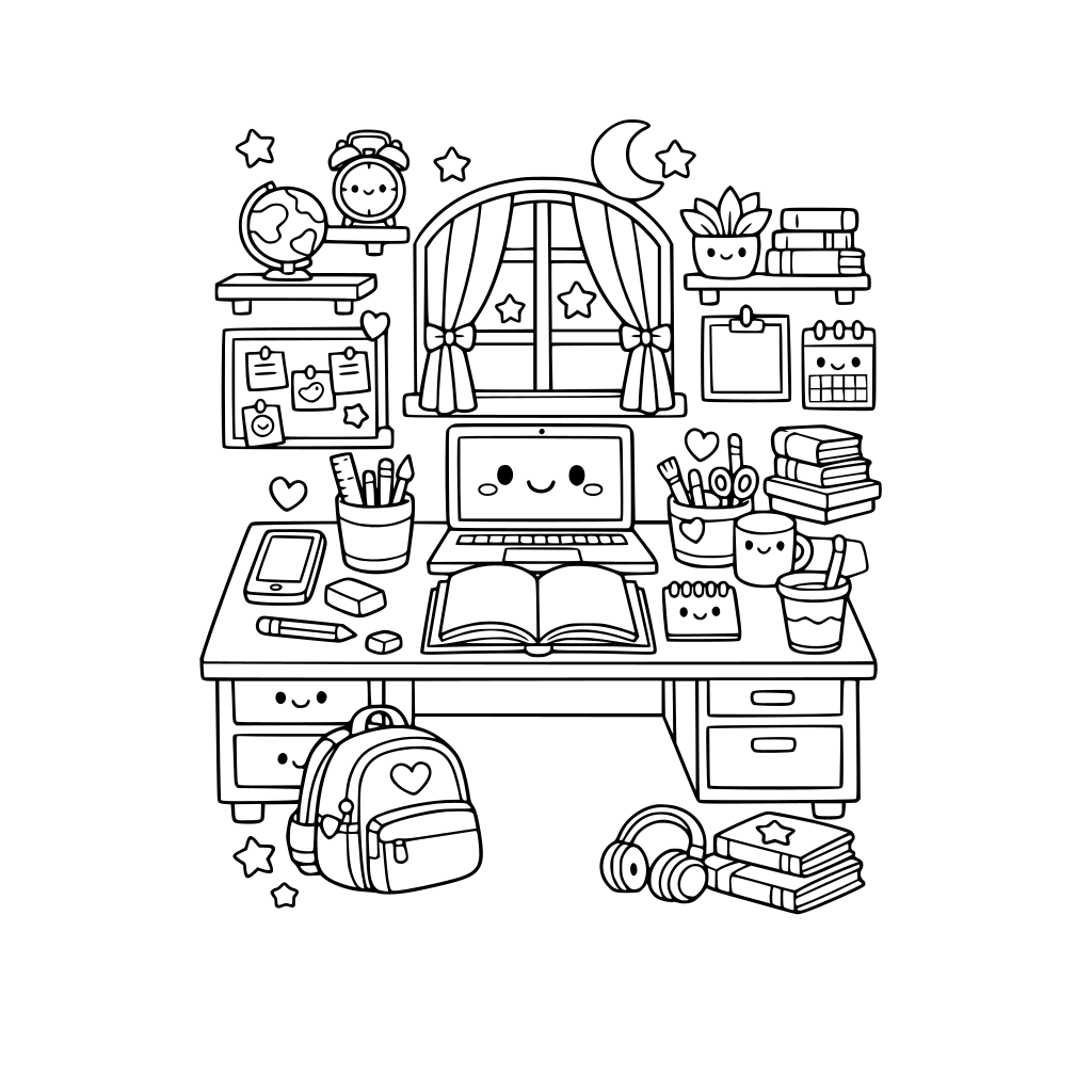 cute kawaii study room. no animals.