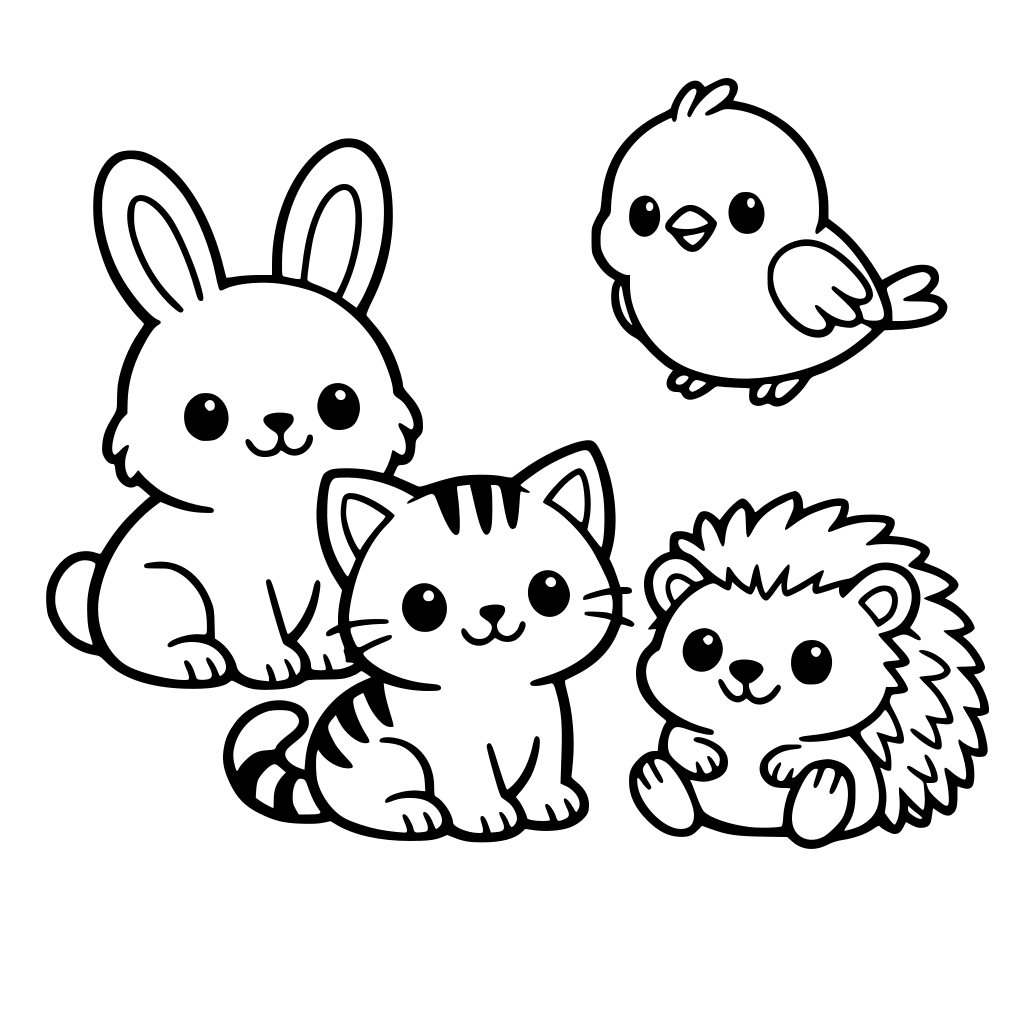 Cute creatures (e.g., birds, mammals), Simple outlines, Friendly poses
