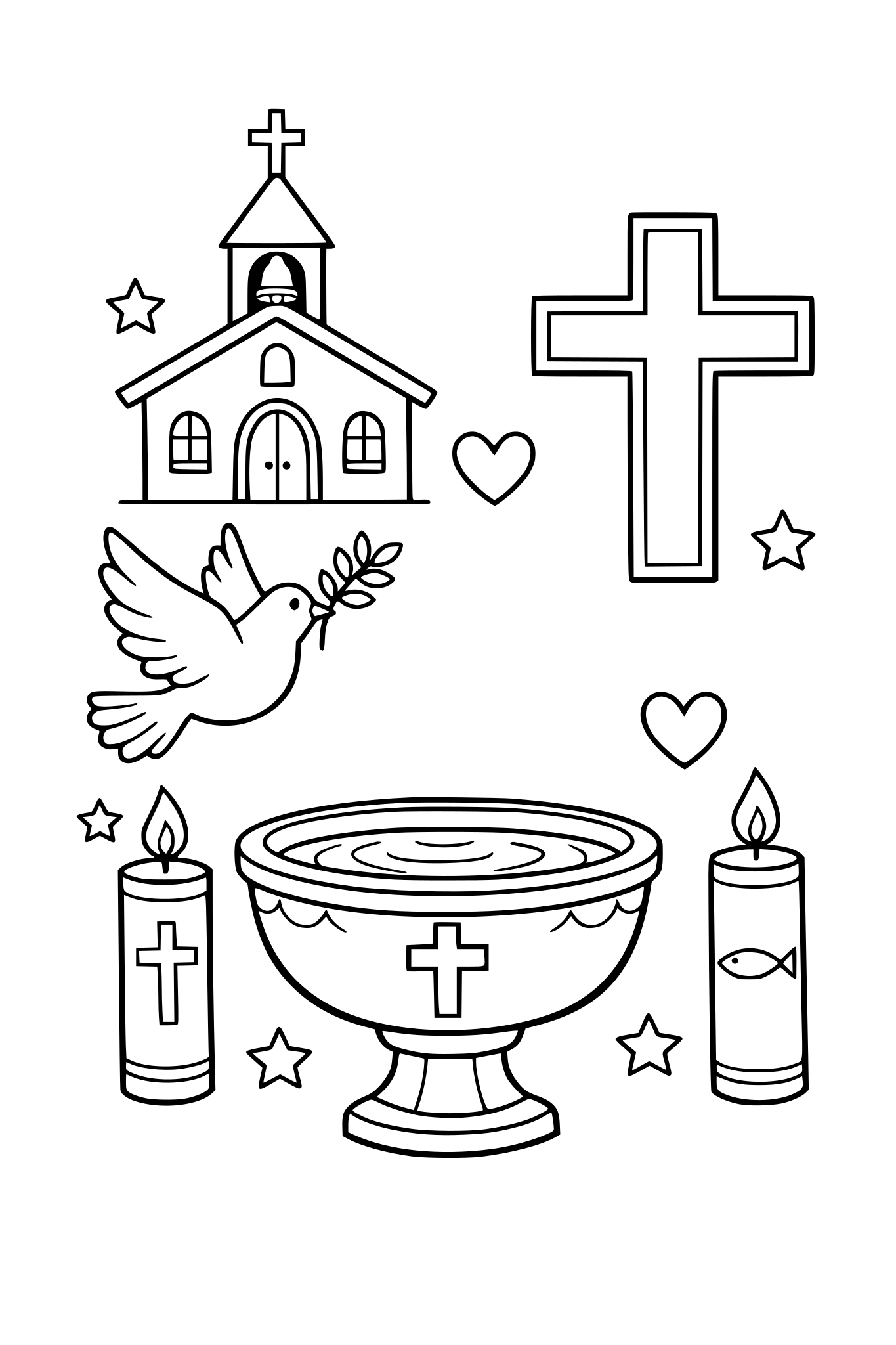 Des coloriages en lien avec le baptême : église, croix, colombe, ect