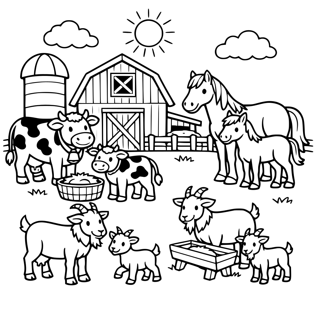 une ferme avec des vaches ,des chevaux , des chevres