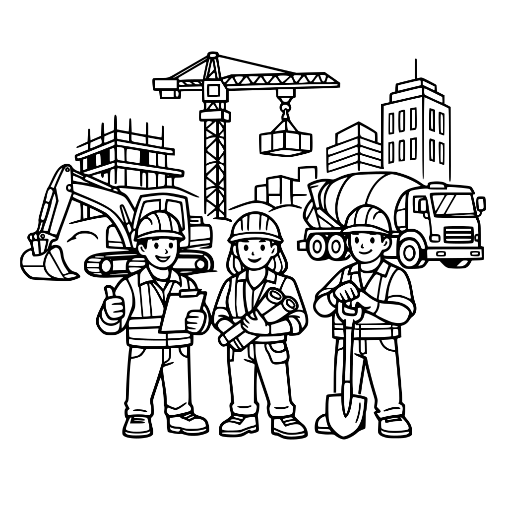 construction company, buildings, machines and workers