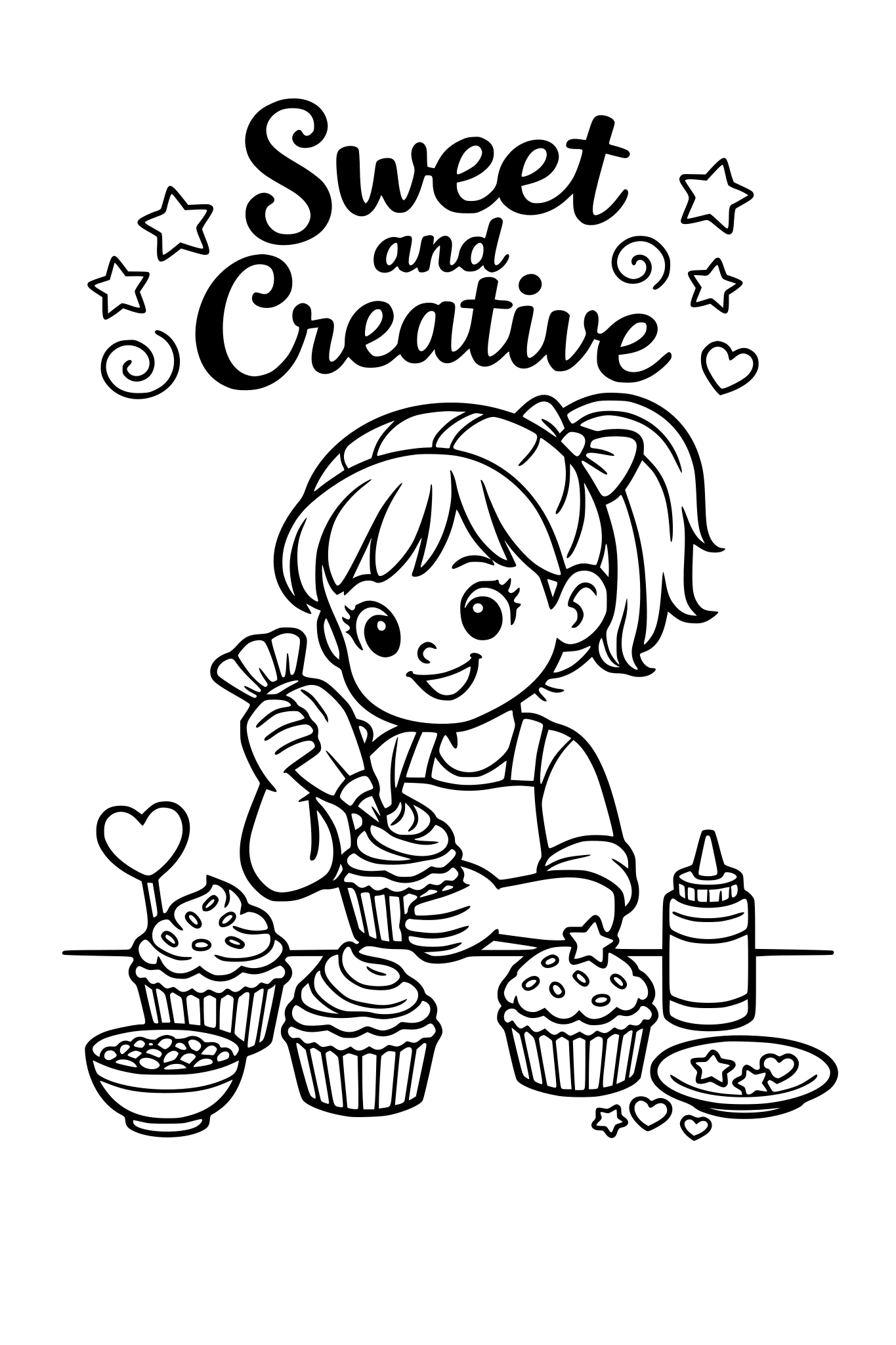 full page a young girl decorating cupcakes with frosting with the saying 'sweet and creative'