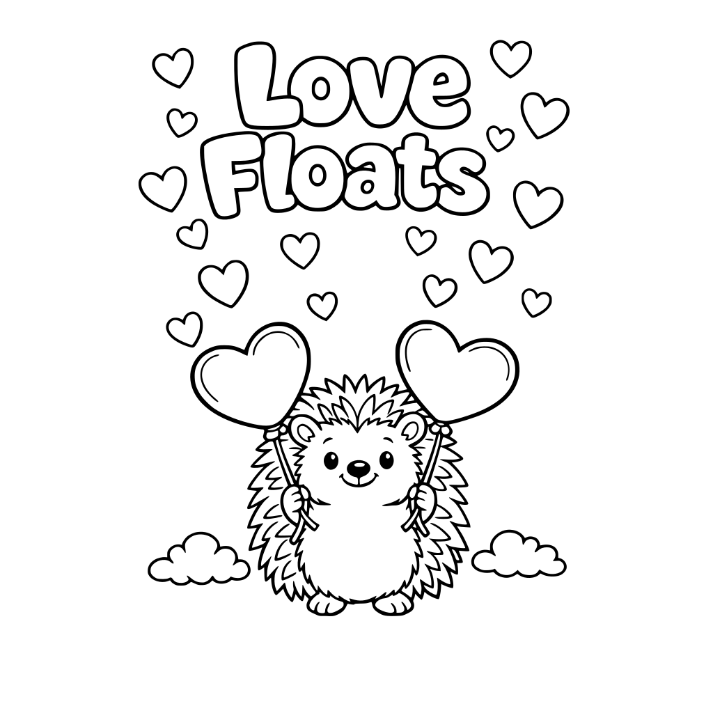 hedgehog holding two heart balloons. Big text" "Love Floats" Hearts drifting into the sky. Please write in bubbly letters so that students can color in.