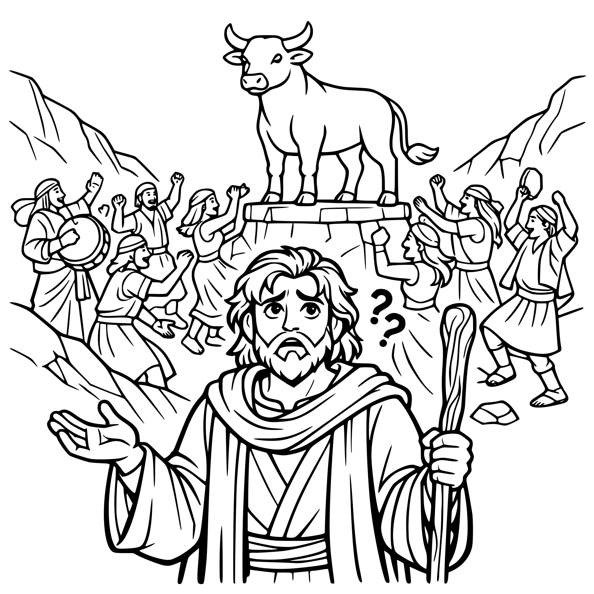 create an image with young adult bible moses at the bottom of a mountain looking confused. include a crowd of people dancing and celebrating around a golden calf
