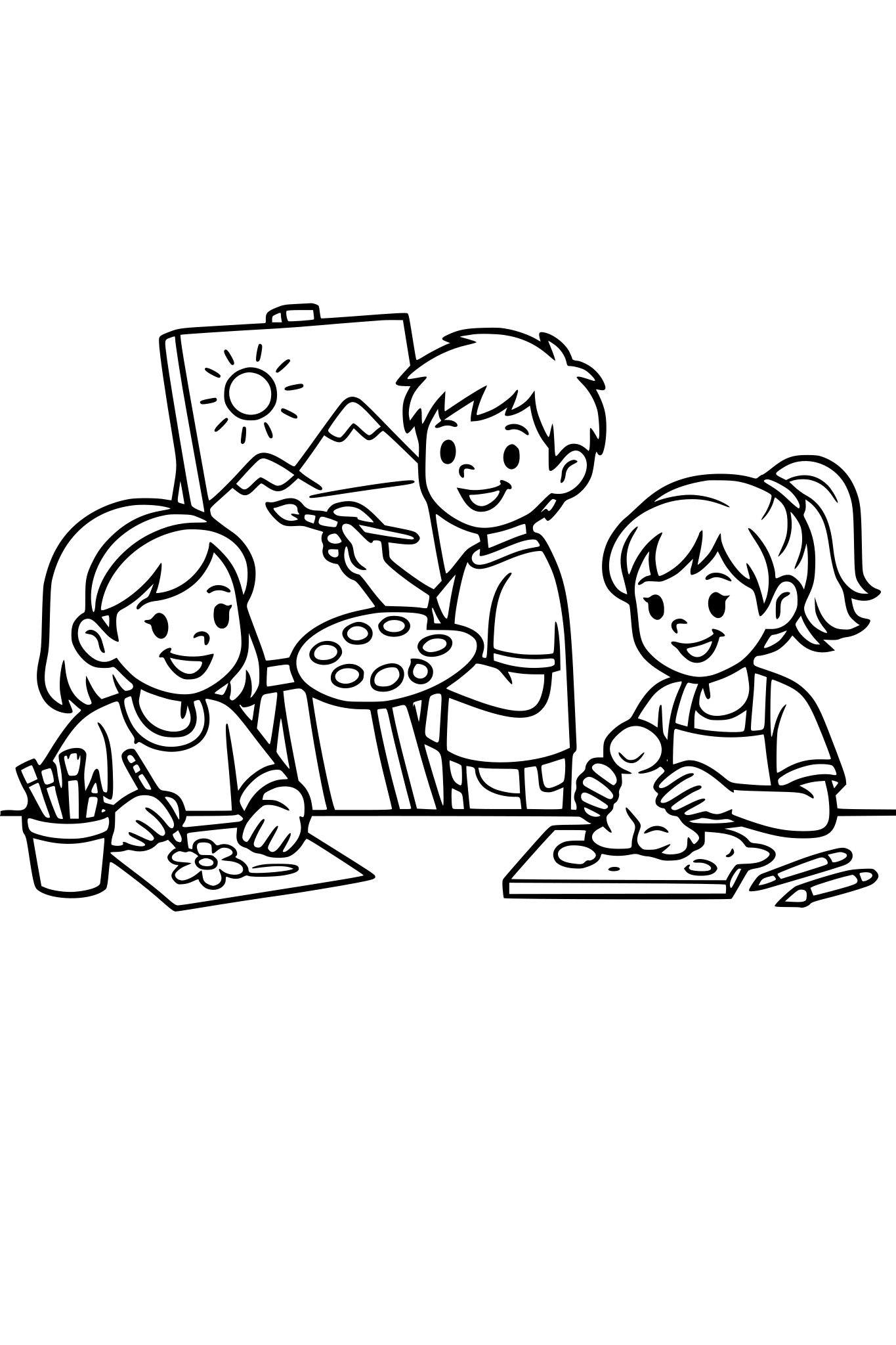 black and white, simple bold lines, friends in art class