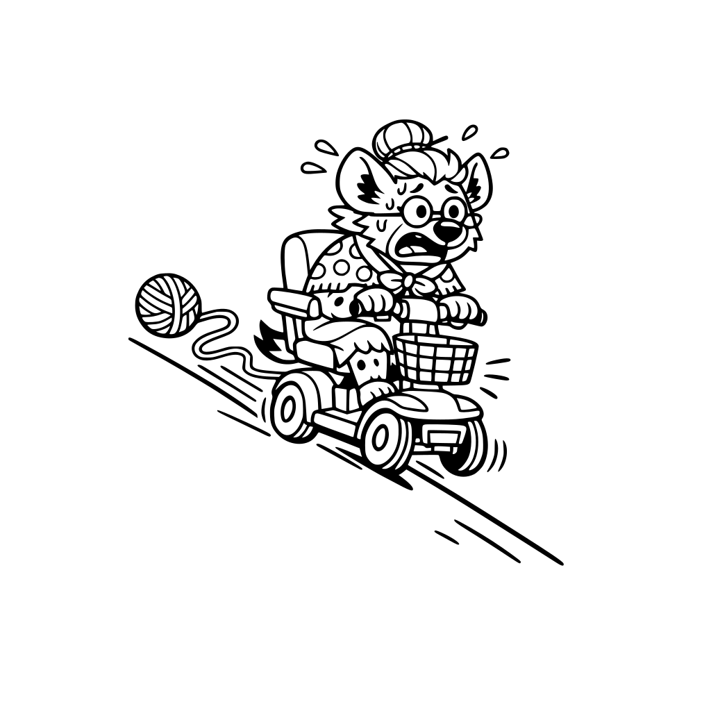 Nervous Grandma hyena riding a runaway mobility scooter down a steep hill. Yarn behind her. Simple. Big Shapes.