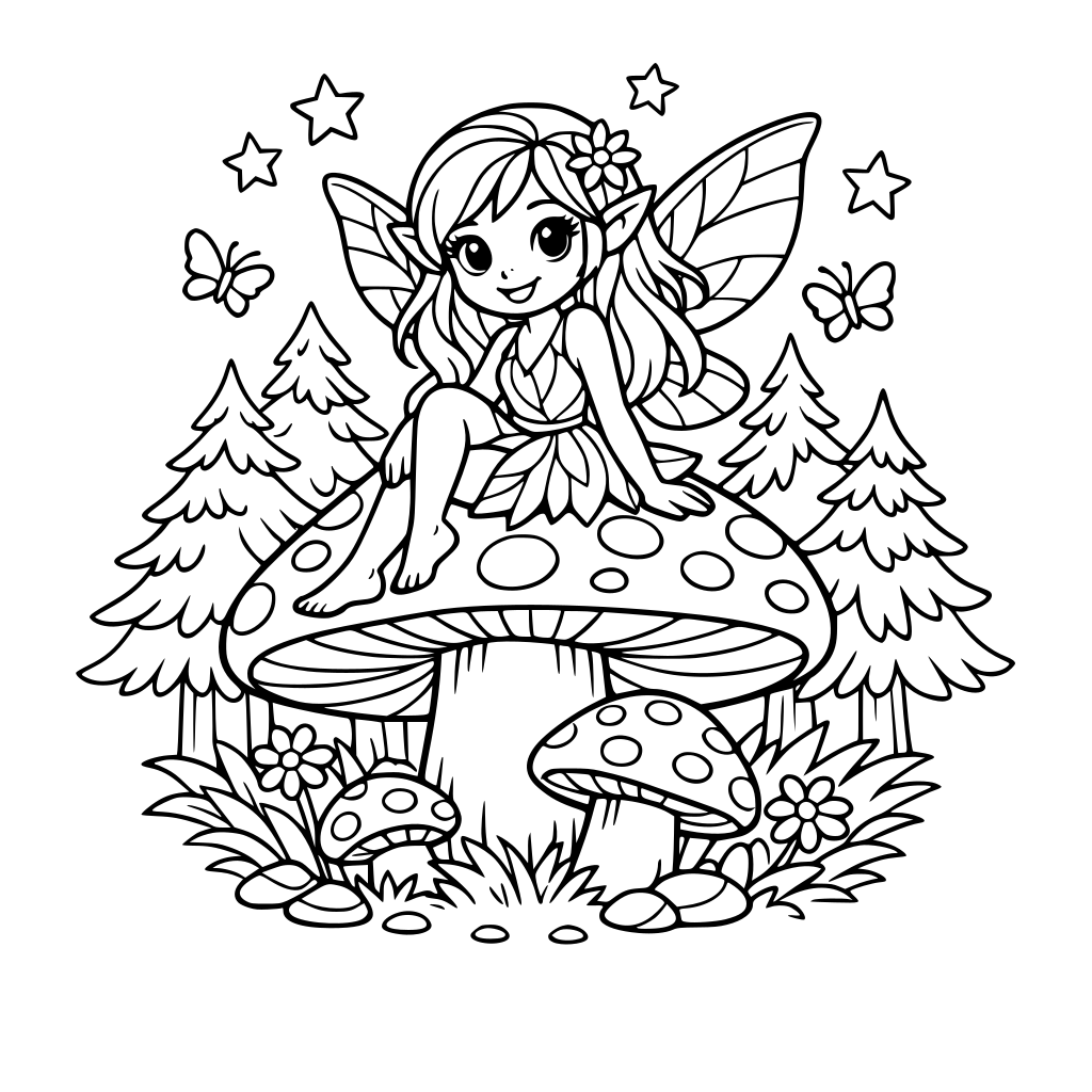 Whimsical fairy with toadstool in the woods with pine trees