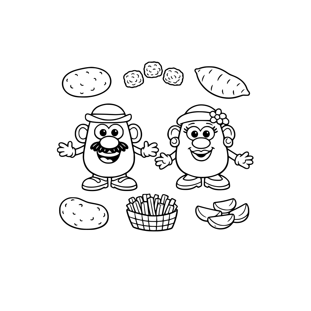 Various potatoes and mr and mrs potato heads for young kids to color