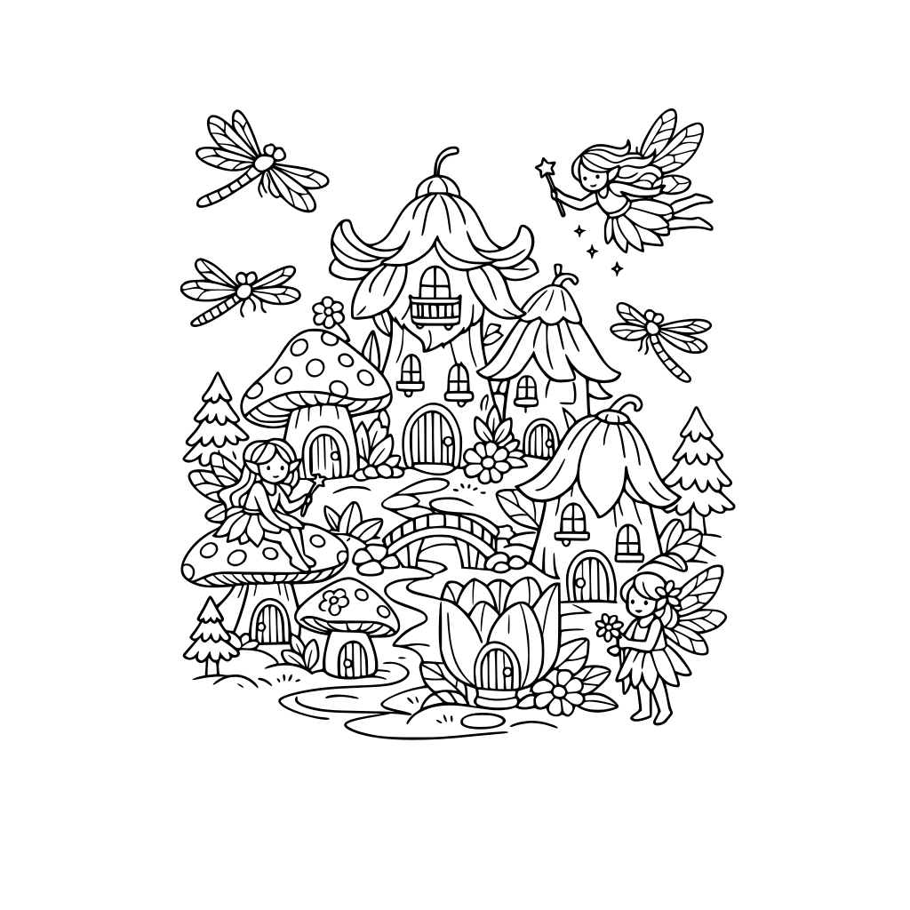 whimsical fairy village made of flower petals and mushrooms and tiny trees with whimsical fairies and whimsical dragonflies