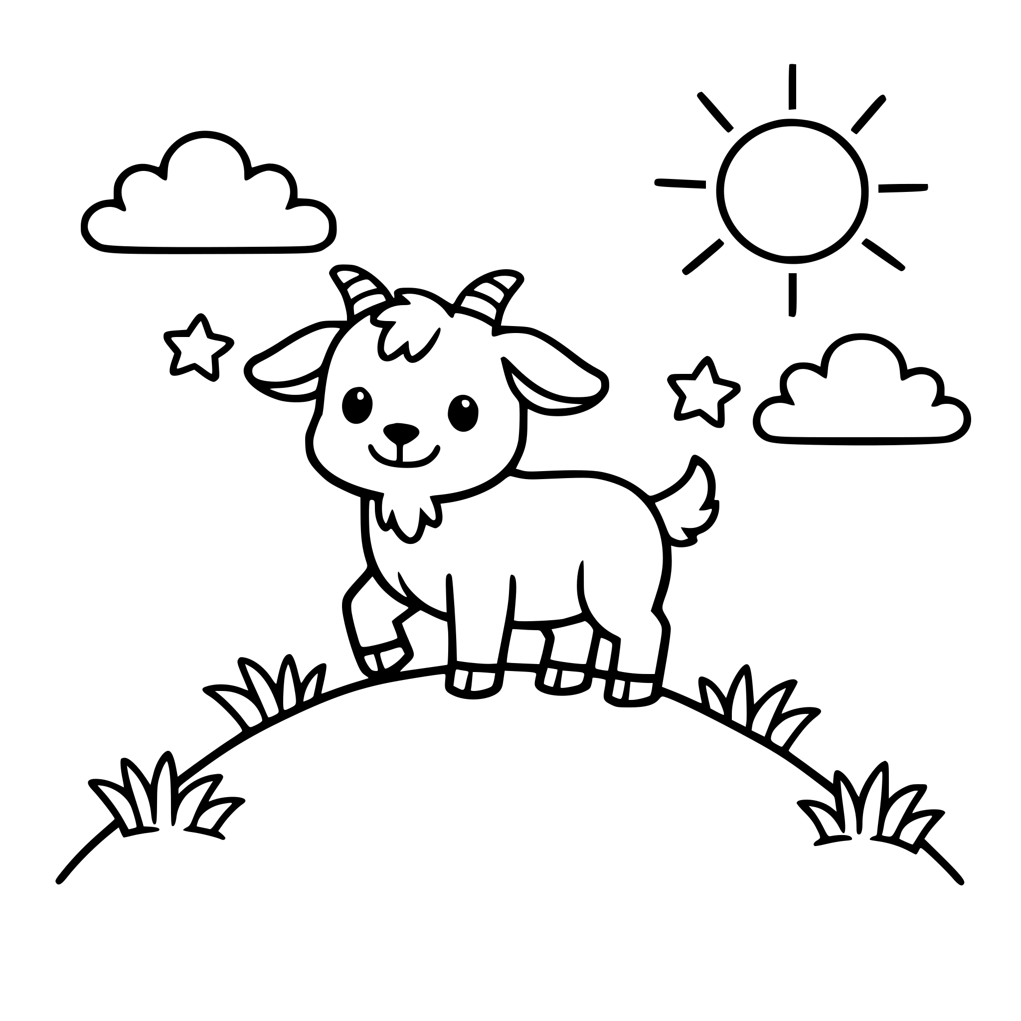 A cute goat standing on a small hill, simple grass and sun