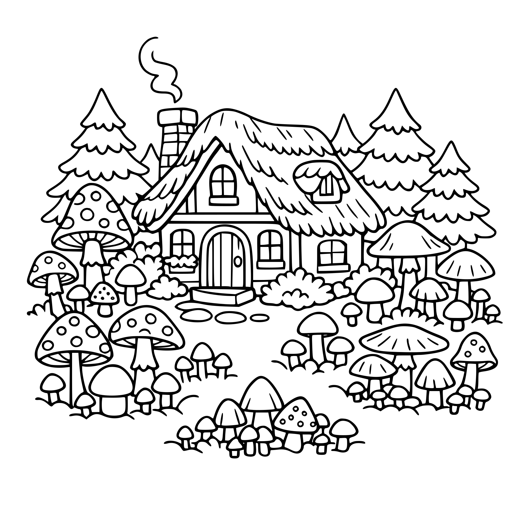 Kleines Haus im Wald. Viele kleine pilze