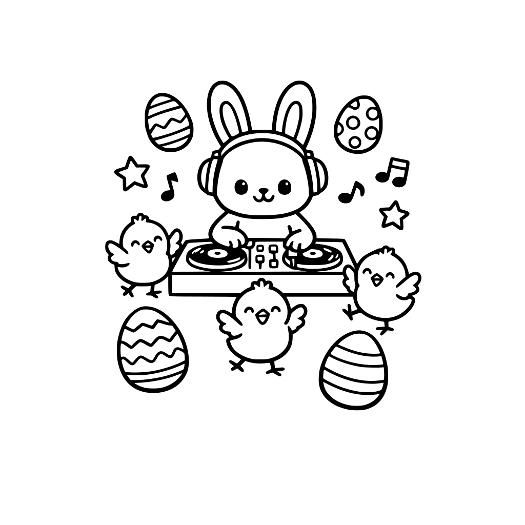 Bunny DJ playing music at an Easter party with dancing chicks, cute simple coloring book page, toddler friendly, thick bold outlines, very simple shapes, minimal details