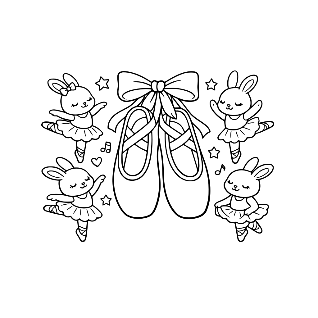 cute ballet shoes with girl bunnies dancing around