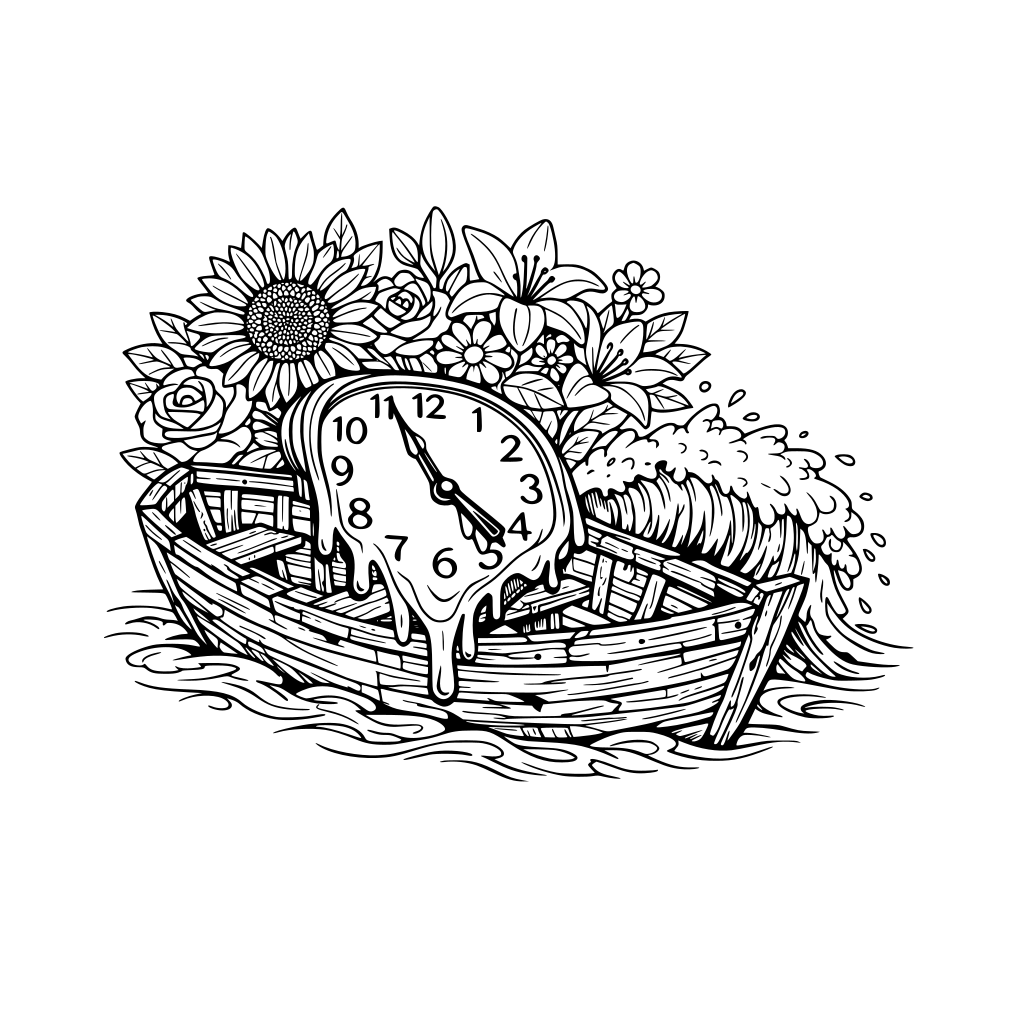 por favor dibuja un bouquet de flores, entre ellas un gran reloj que se está derritiendo dentro de una vieja barca abandonada y desgastada. con una ola golpeándola