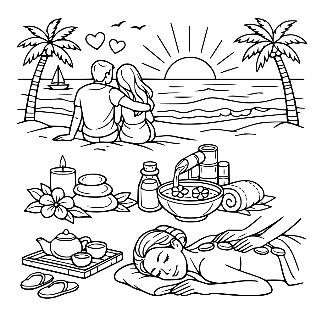 Creami un libro da colorare che abbia immagini romantiche,rilassanti,spiagge,sole ,spa e massaggi . che posso farmi vendere tante copie.