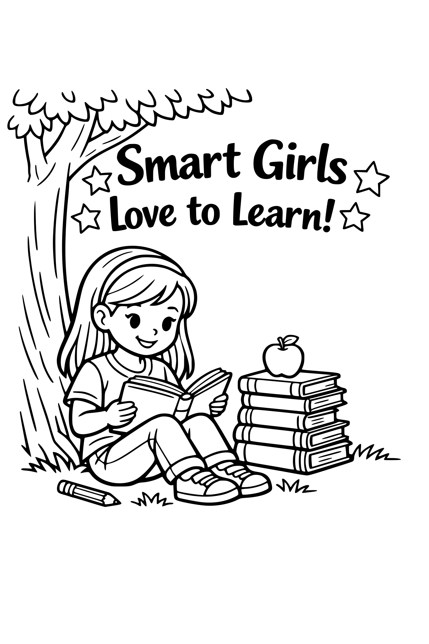 Girl Reading a Book A girl reading under a tree with a stack of books. Quote idea: “Smart Girls Love to Learn!”