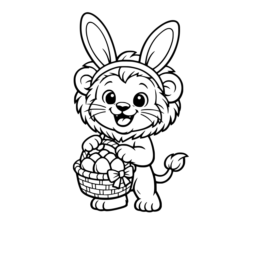 A cheerful lion cub wearing bunny ears, carrying a basket full of rainbow Easter eggs