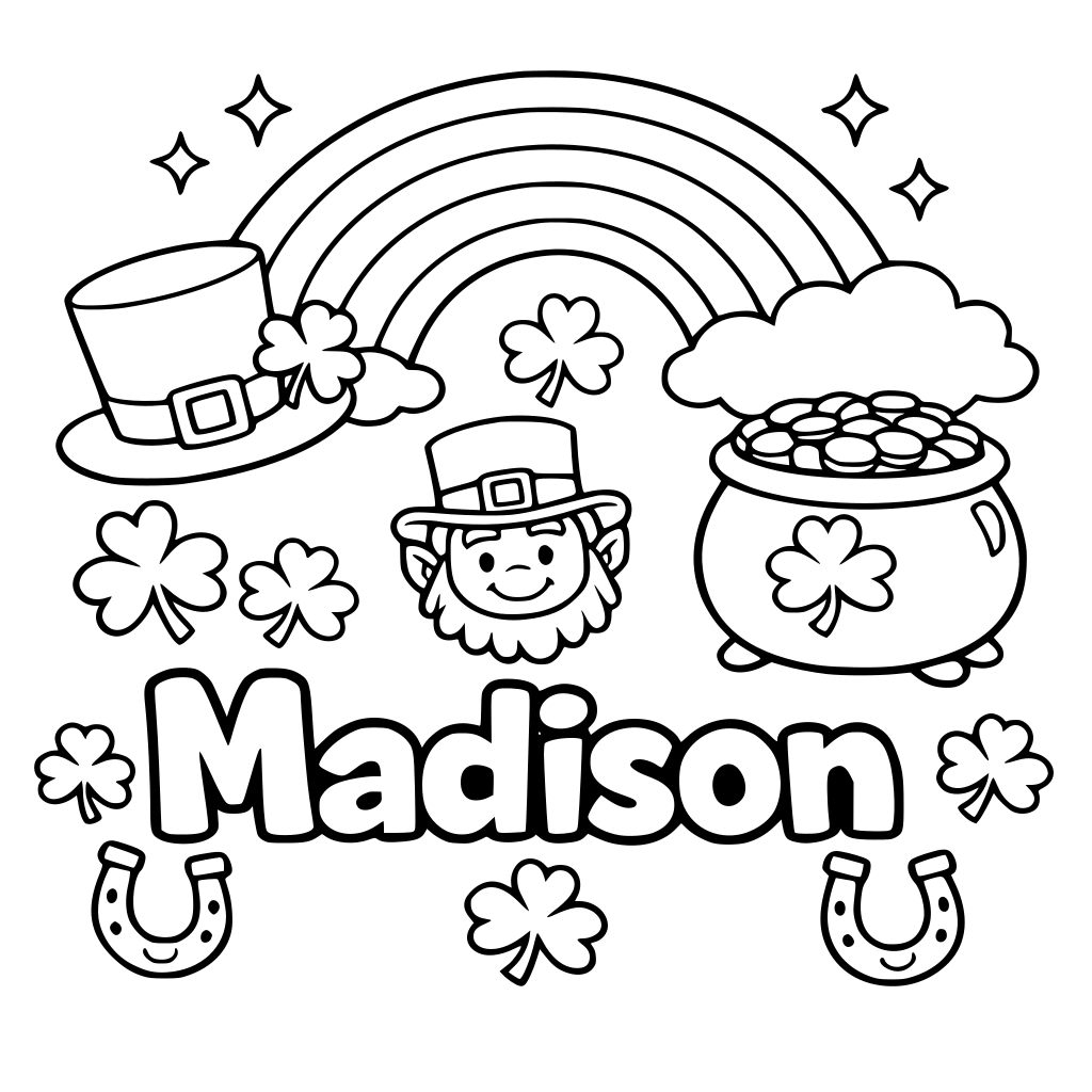 st paticks day coloring with rainbow and name: Madison