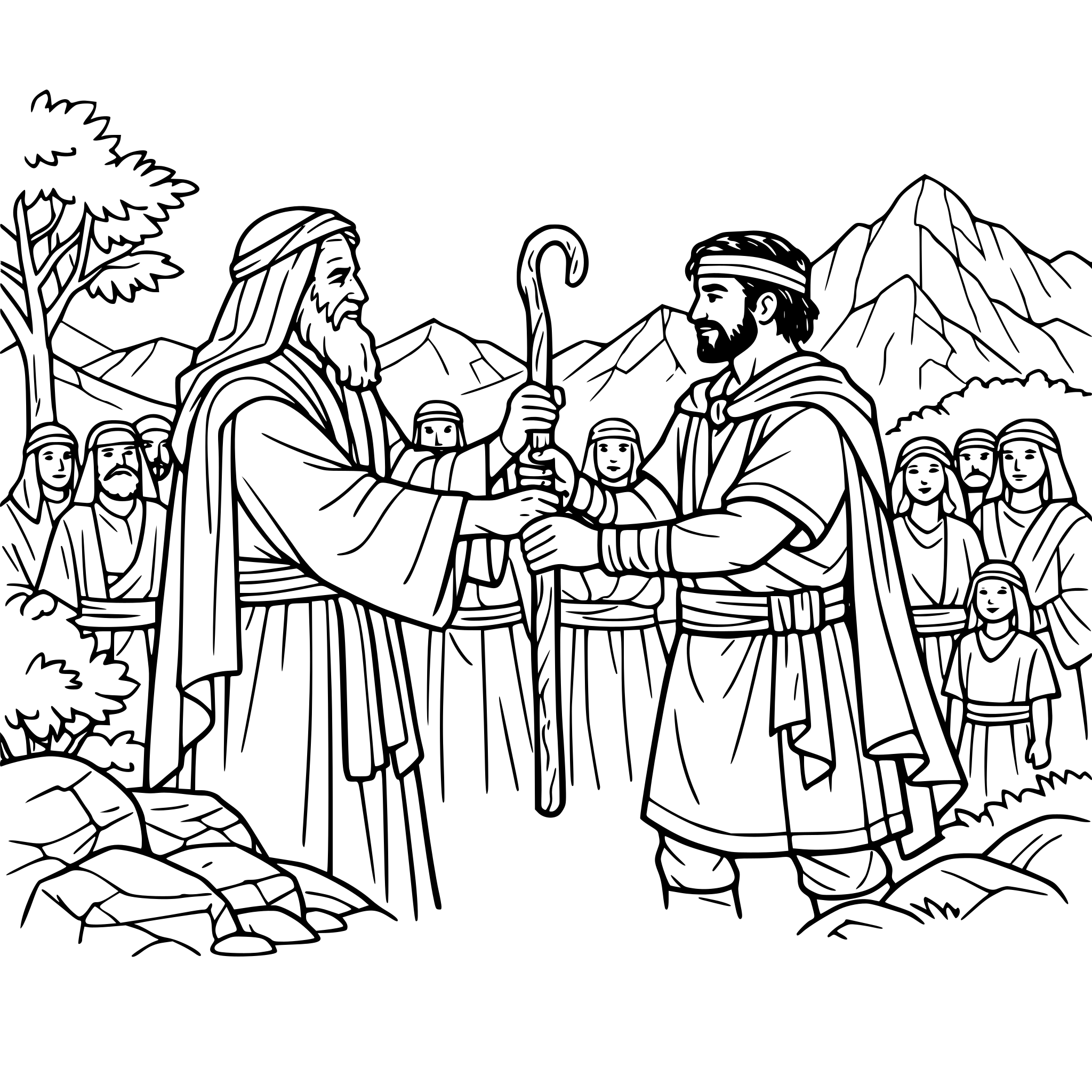 Create an image of Moses choosing Joshua to lead the Isrealites. Have Moses passing his staff over to Joshua. Have the people of Israel in the background watching; include landscape elements such as trees, rocks and mountains