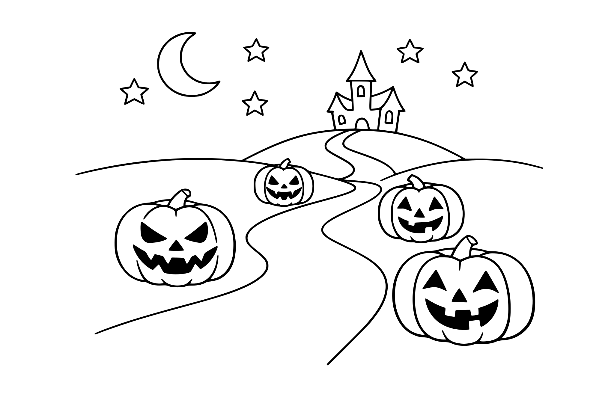 Halloween jack-o'-lanterns on a path. minimalist line.