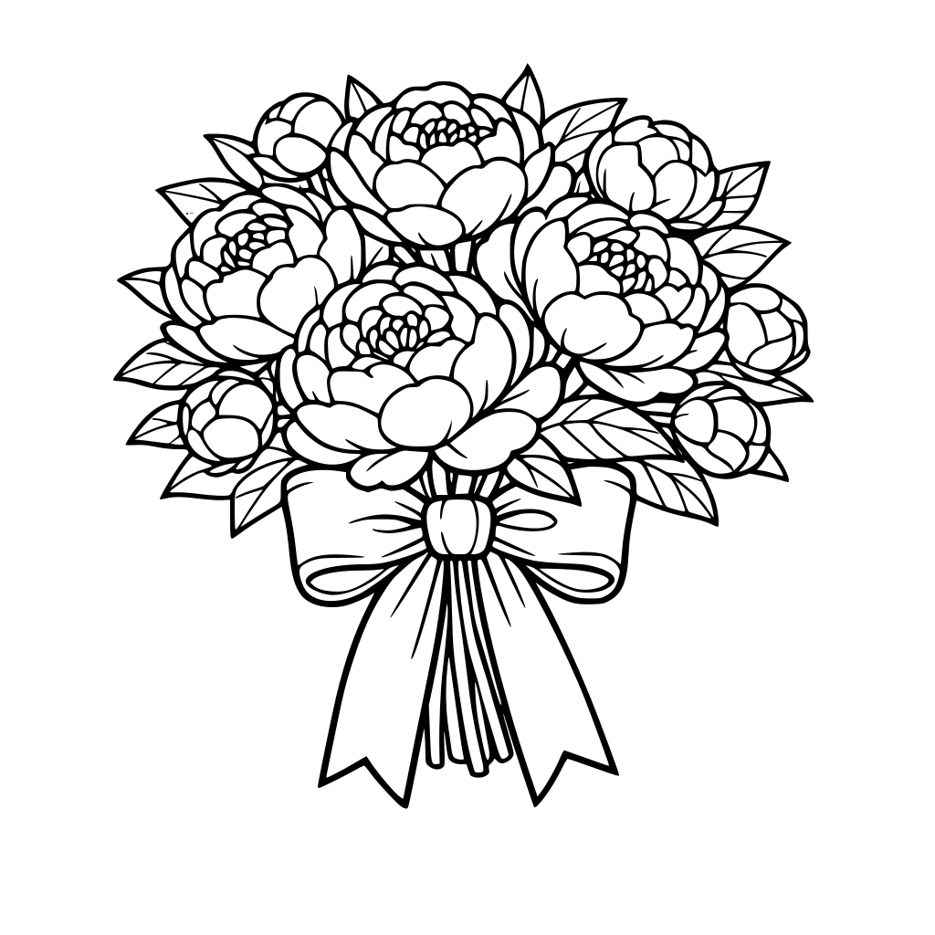 부케식 모양의 작약 꽃다발과 리본작식